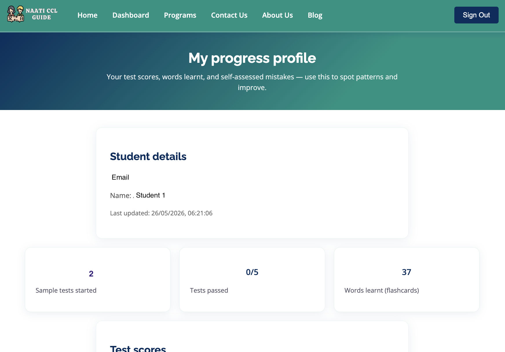 Dashboard showing test and vocabulary progress
